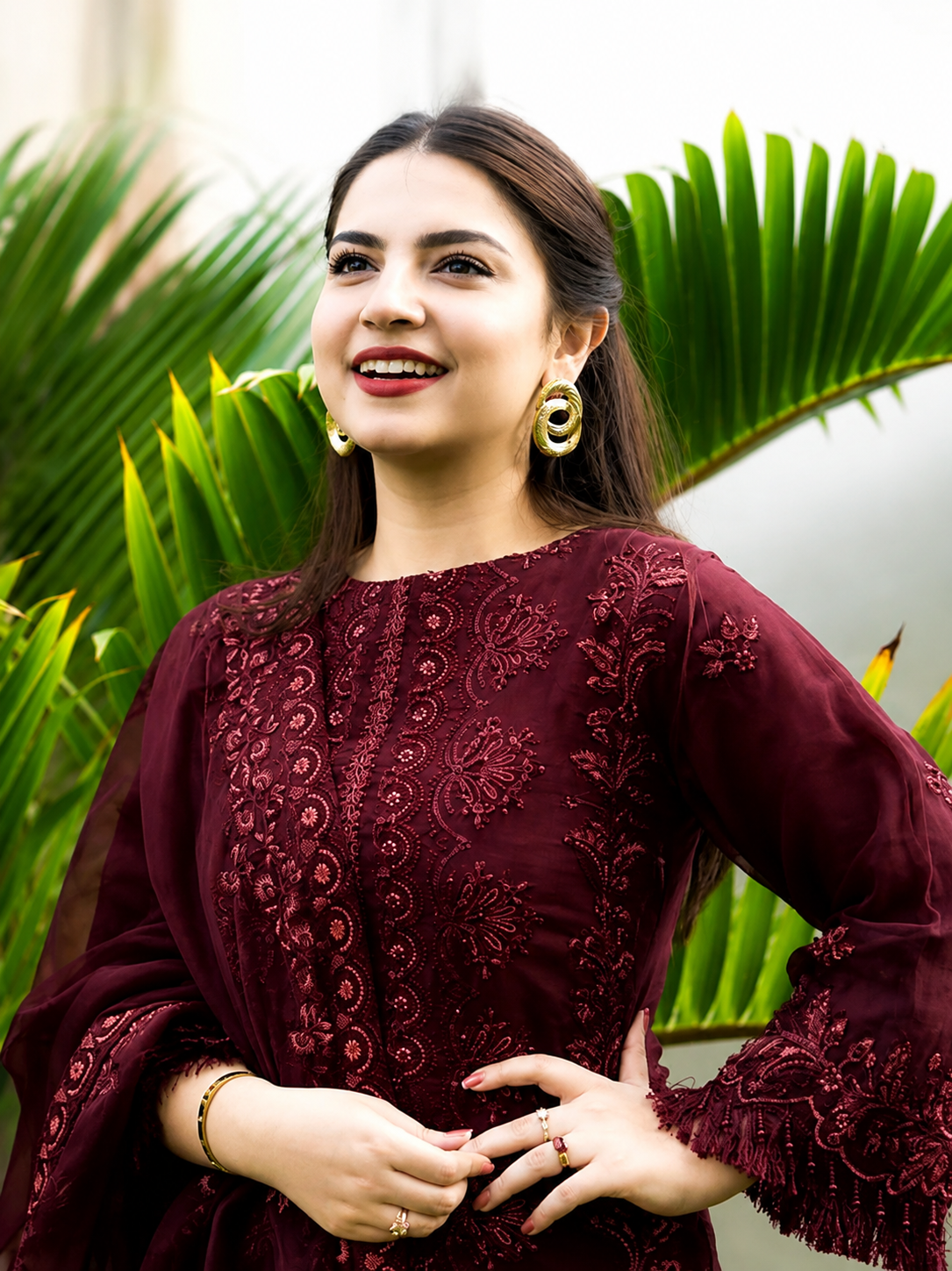 Lawn 3PC Embroidered Shirt with Organza Embroidered Dupatta- 5012 MEHROON
