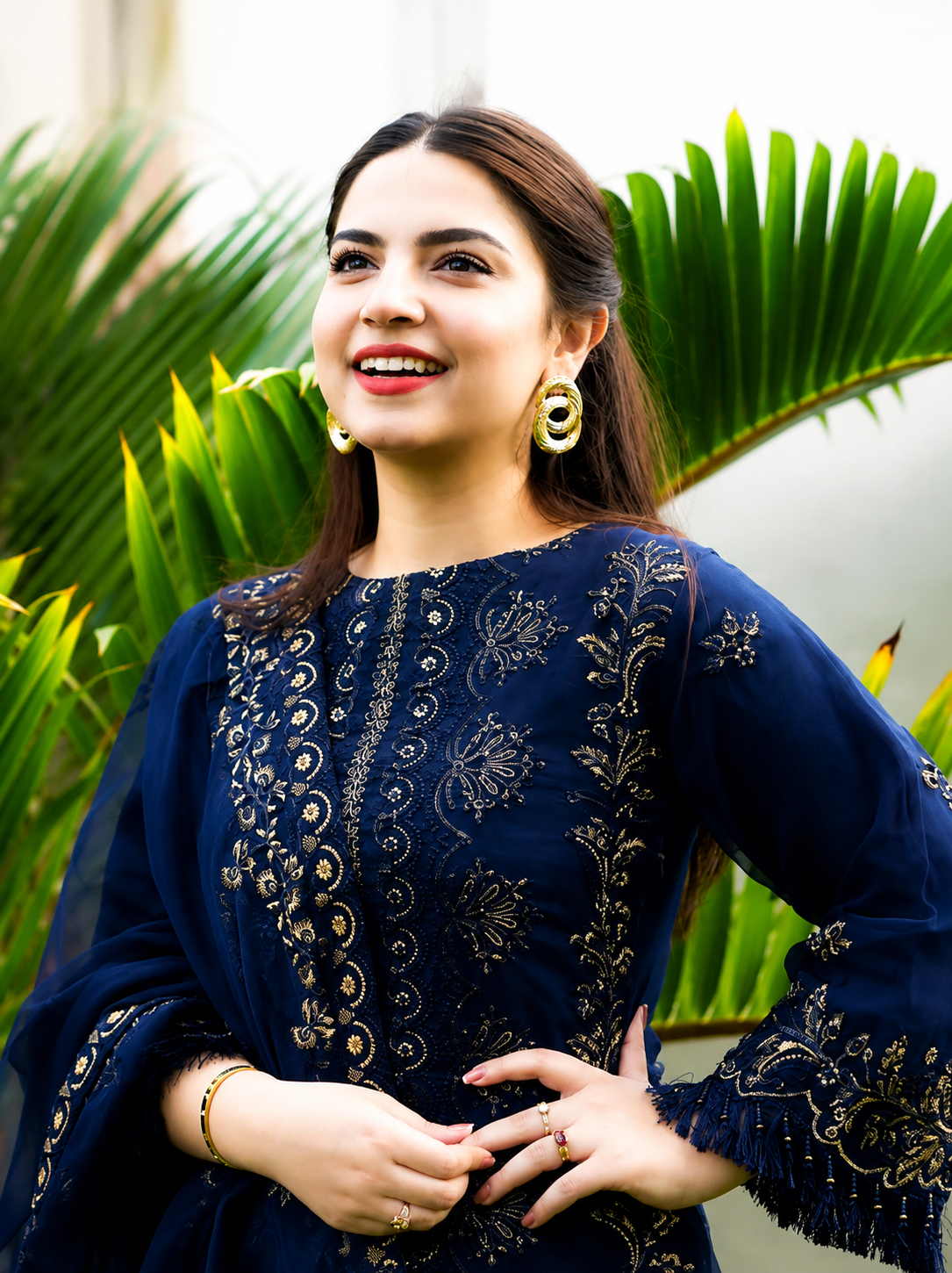 Lawn 3PC Embroidered Shirt with Organza Embroidered Dupatta- 5012 Nave Blue