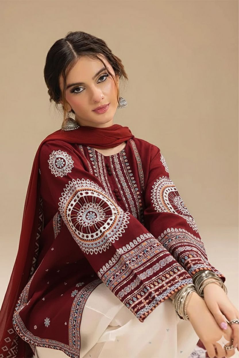 Lawn 3PC Embroidered Shirt with Organza Embroidered Dupatta- H-6134