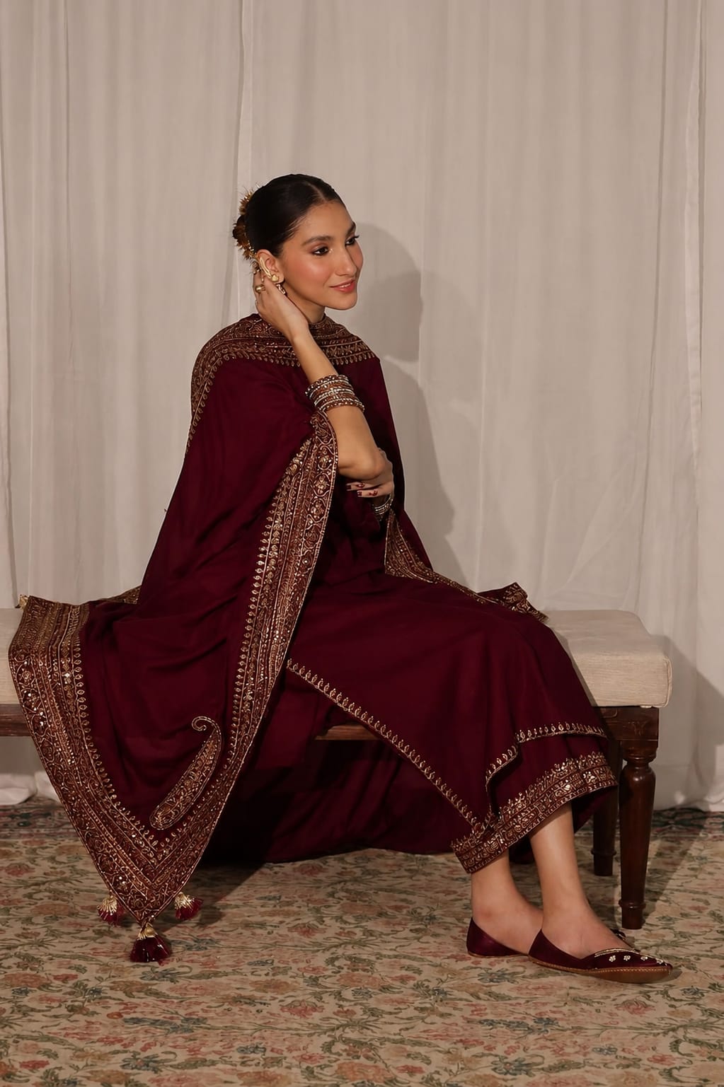 Lawn-3PC Embroidered Shirt with Sequins Embroidered Dupatta- 5135 Mehroon