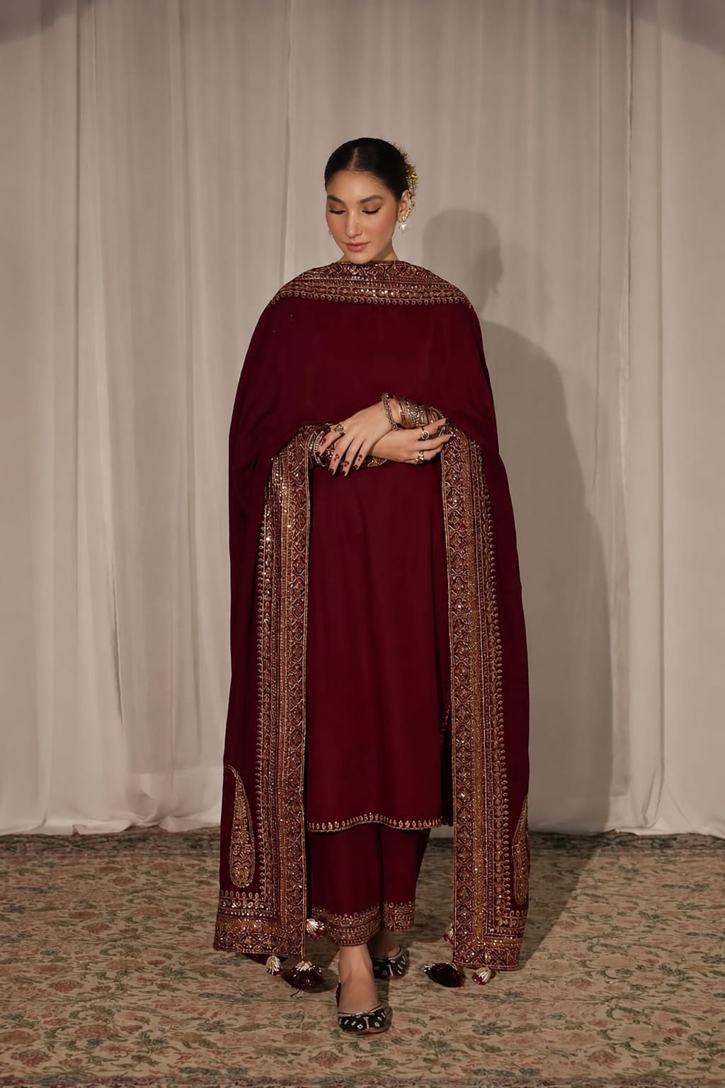 Lawn-3PC Embroidered Shirt with Sequins Embroidered Dupatta- 5135 Mehroon