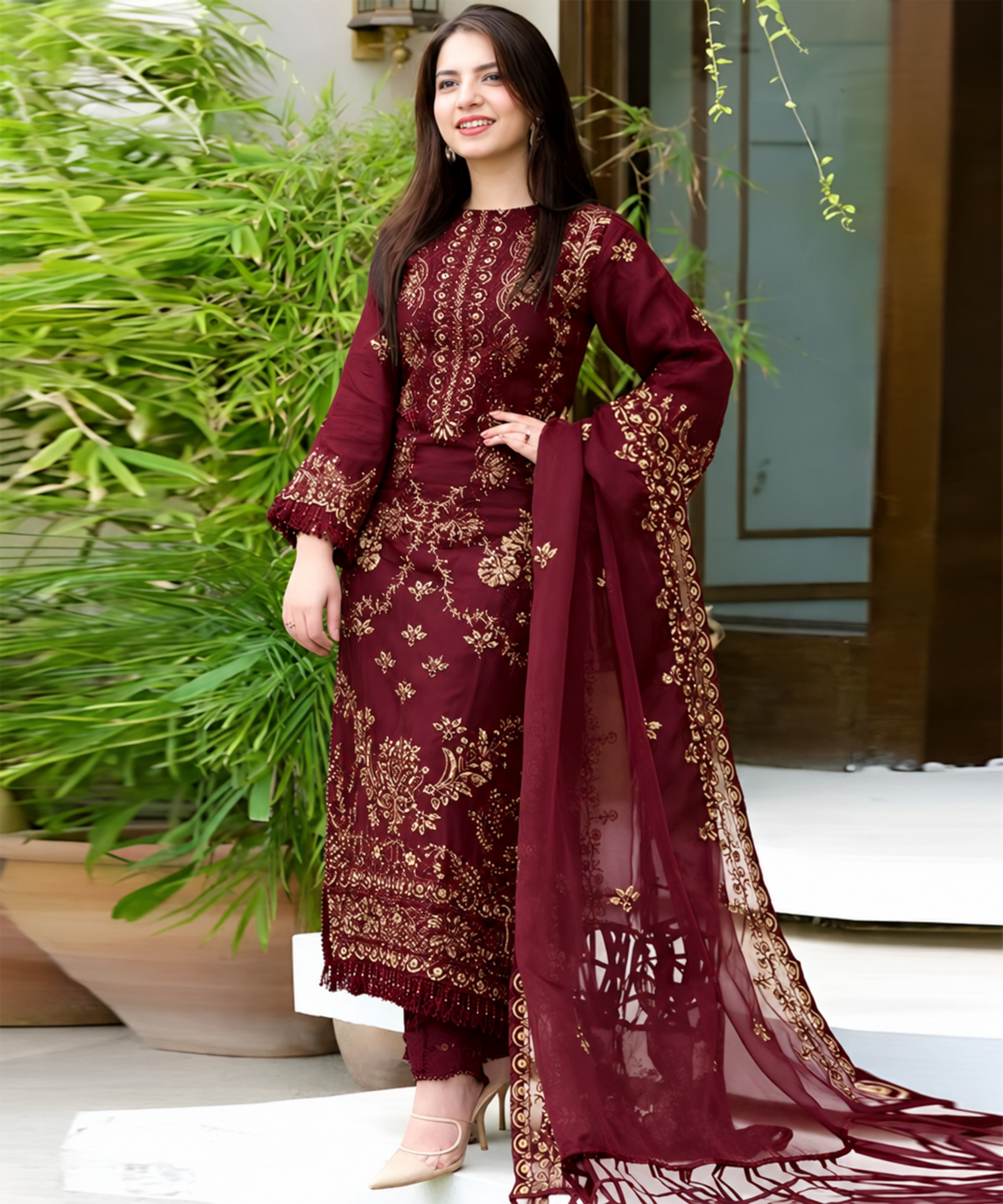 Dhanak Mehroon Embroidered 3PC Suit – Premium Festive Collection AJS-2123
